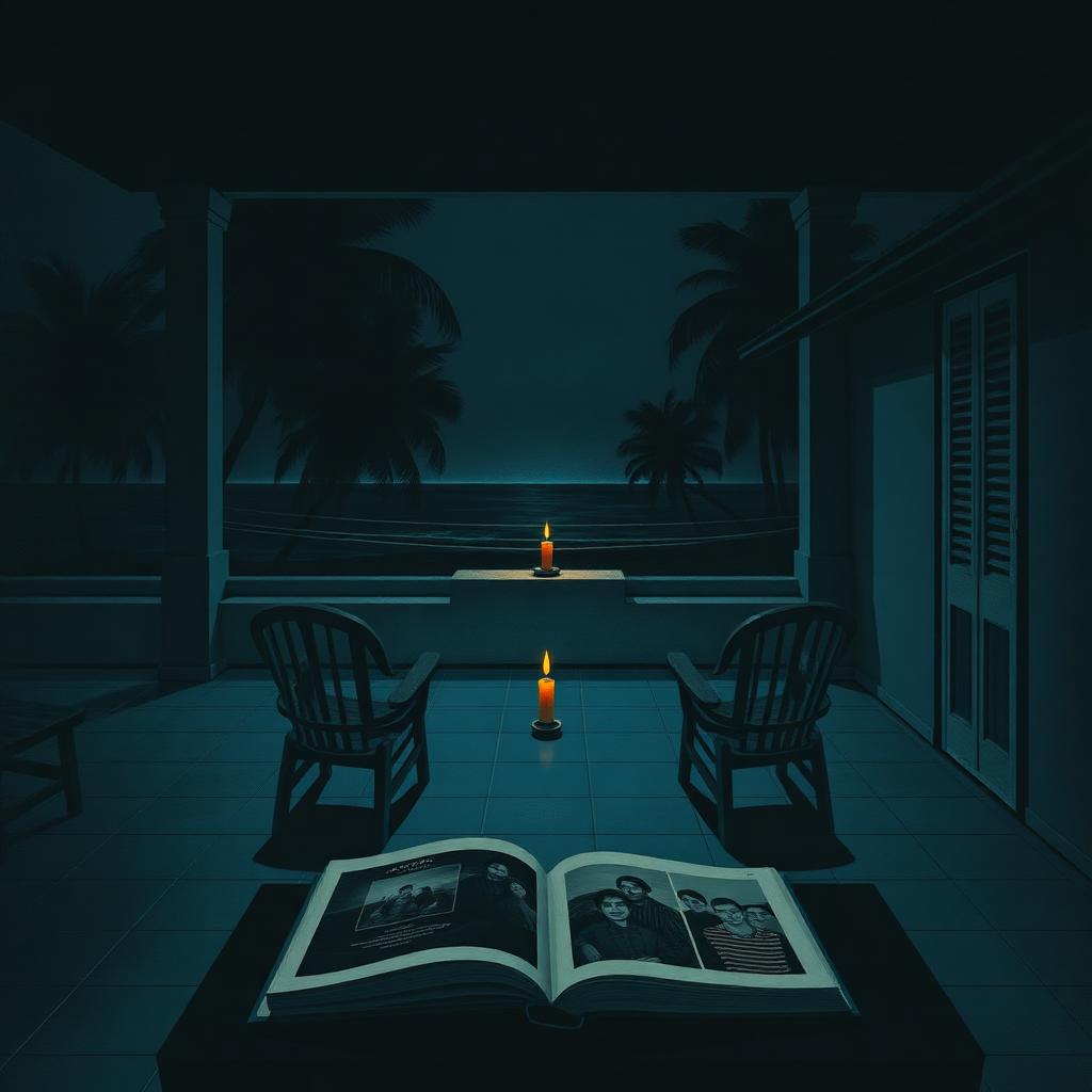 A Goan tiled veranda at night with three empty wooden chairs facing the courtyard, a small candle in a wall niche, palm-tree silhouettes against a sea-night sky, a closed family photo album on a table.