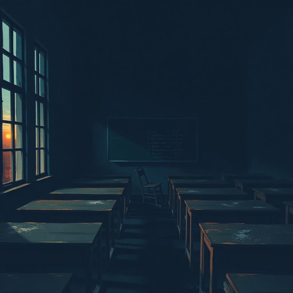 An empty schoolroom at dusk, wooden desks in rows, a chair fallen on its side, sunset glow at the windows.