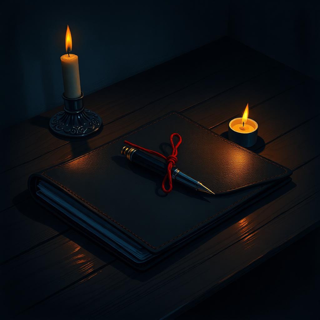 A single closed leather case-file folder tied with red string on a wooden desk, fountain pen across it, candle to the side.