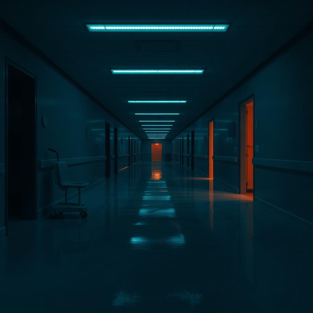 An empty hospital corridor at night, cold fluorescent light, a single gurney against the wall, a far doorway glowing warm orange.