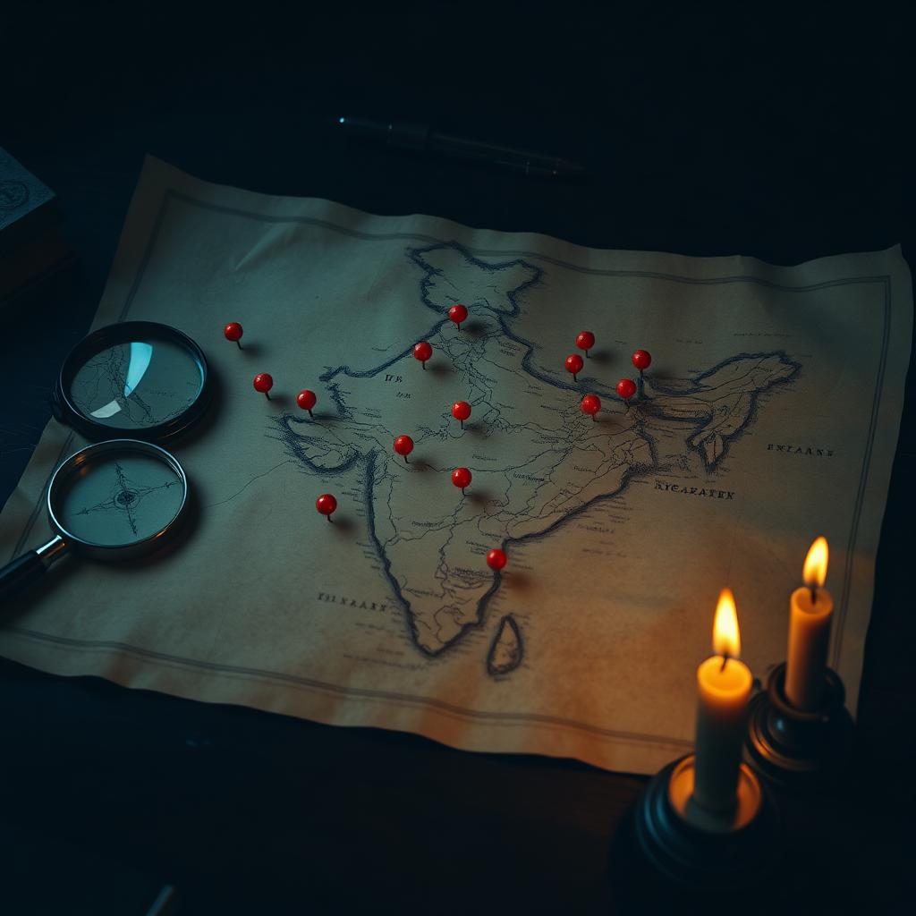 Aged paper map of India on a wooden desk with red pin markers scattered across several states, a magnifying glass nearby.