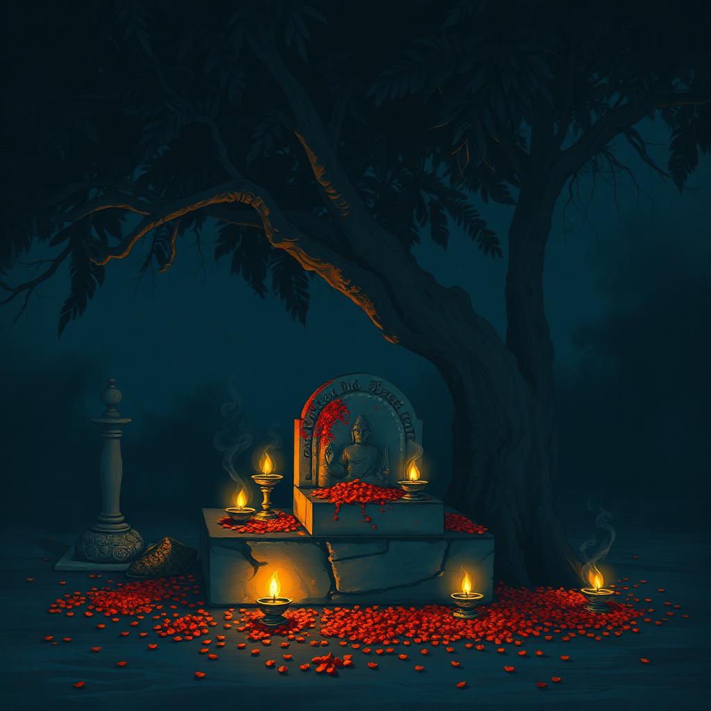 A small Indian village shrine at night under a peepal tree, oil lamps and marigold petals at the base, incense smoke curling.