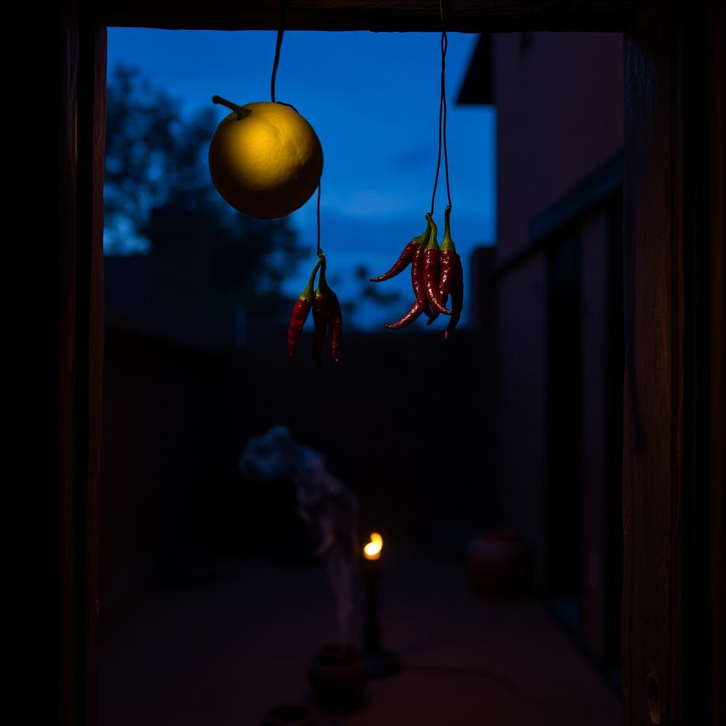 A fresh lemon studded with seven dried red chillies hanging by black thread from a wooden doorframe at dusk, a clay incense holder smoking faintly below, ember-orange lamp glow from inside.