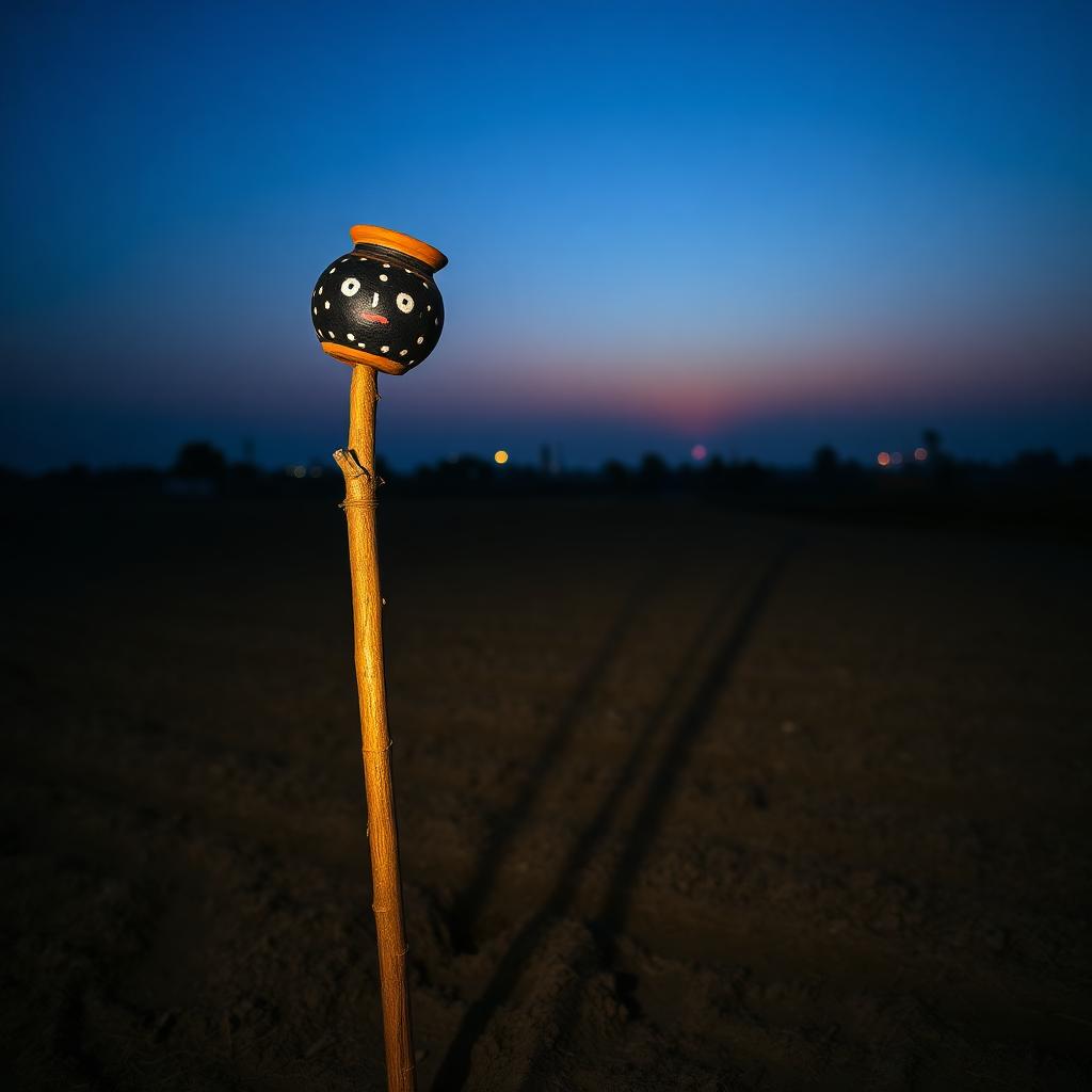 A small clay pot painted black with white dots and a crude face mounted on a tall bamboo pole at the edge of a freshly tilled field at dusk, deep blue sky.