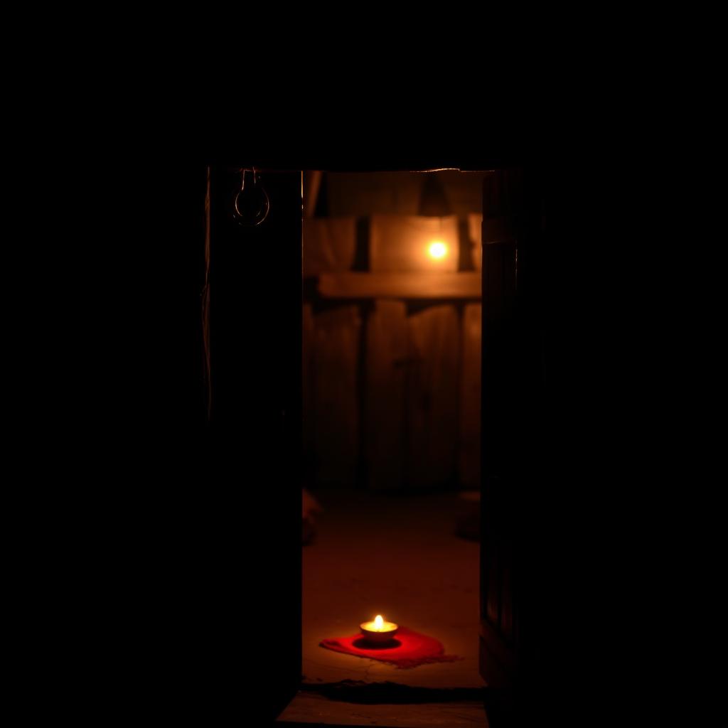 A wooden village doorway at night with a horseshoe and iron nail driven into the lintel, a faint red kumkum handprint beside it, oil-lamp glow from inside spilling orange across the threshold.