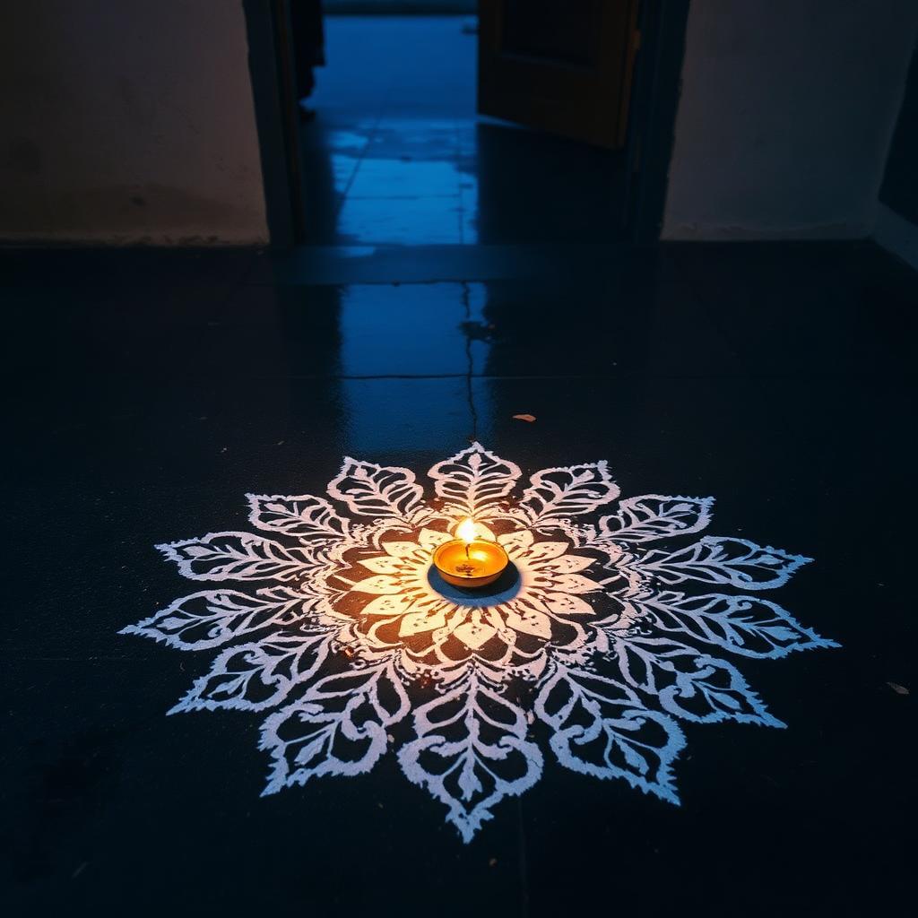 Intricate white rice-flour kolam pattern drawn on a damp dark stone threshold at dawn, a single brass diya at the centre, blue pre-dawn mist.