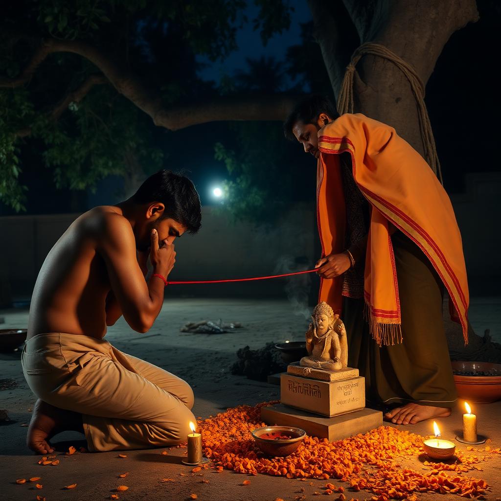 A village shrine at night under a peepal tree, a man kneeling with bowed head, a priest tying a thin red thread around his wrist, oil lamps and marigold petals scattered.
