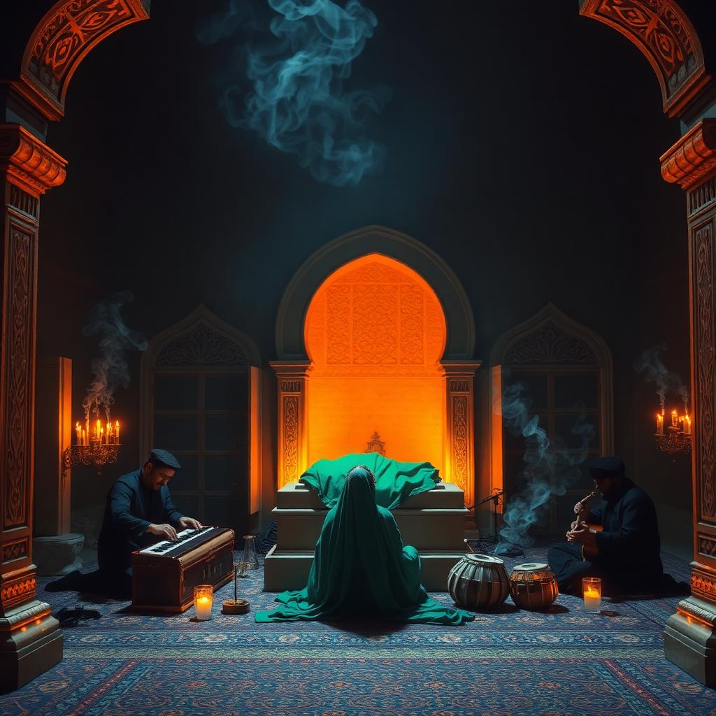 Interior of a Sufi dargah courtyard at night, green chador on a tomb, a woman in trance seated cross-legged, harmonium and tabla players to one side, oil lamps and incense smoke.