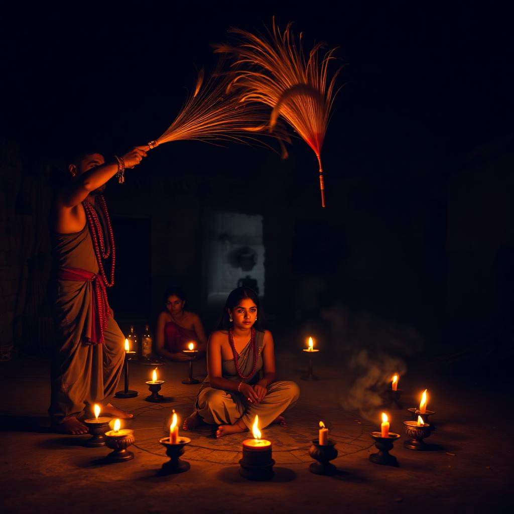 A tantrik with rudraksha beads waving a peacock-feather broom over the head of a young woman seated in a courtyard at night, ring of oil lamps around them, smoky ember-orange glow.