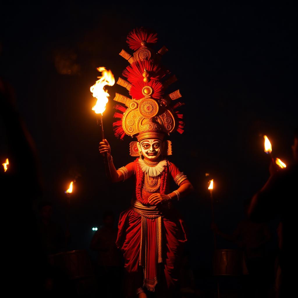 A Theyyam performer in coastal Kerala at night, towering red-and-gold headdress, painted face, holding a torch, framed by drummers in shadow.