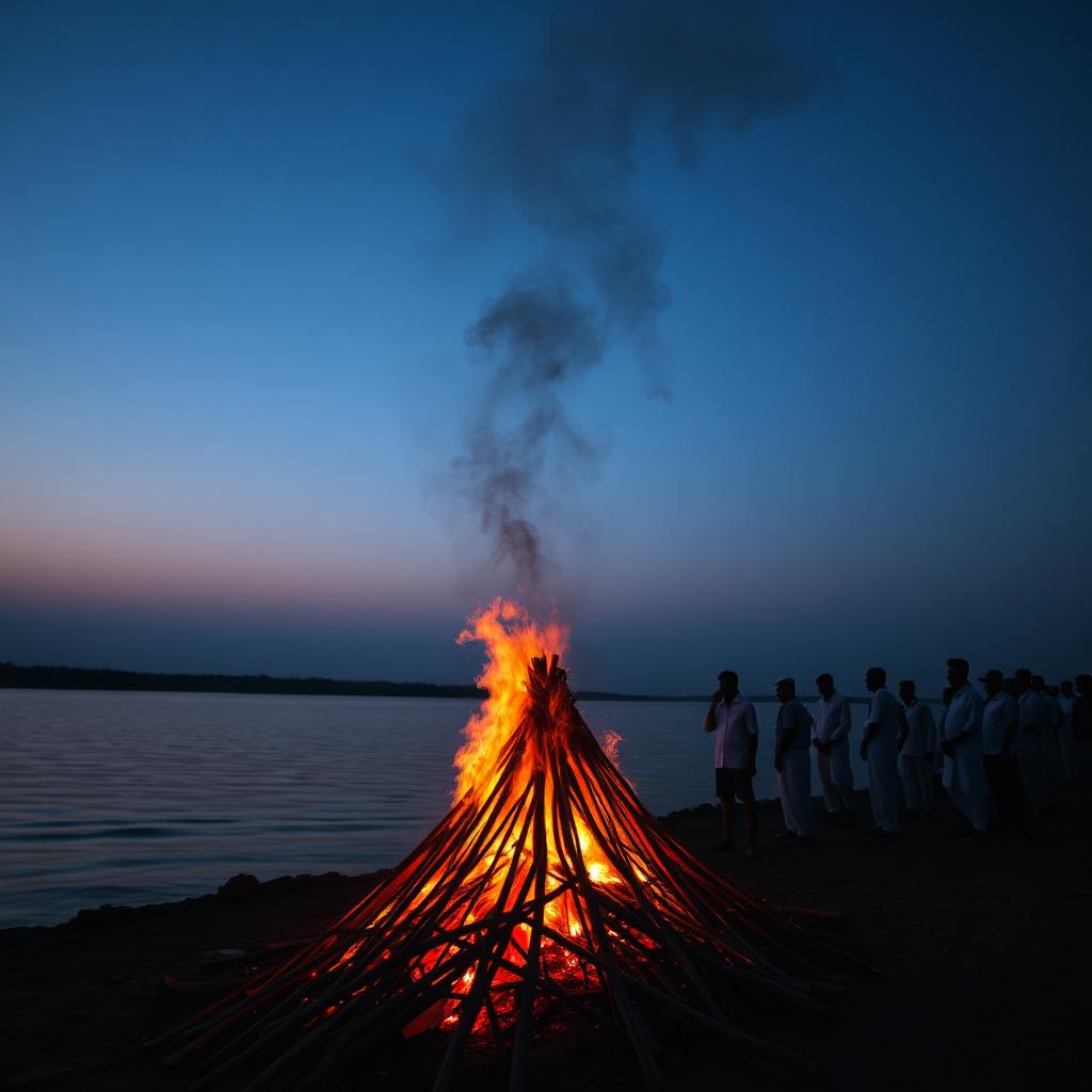A funeral pyre by an Indian river at dusk, smoke rising into a deep blue sky, mourners in white standing back, embers glowing orange at the base.