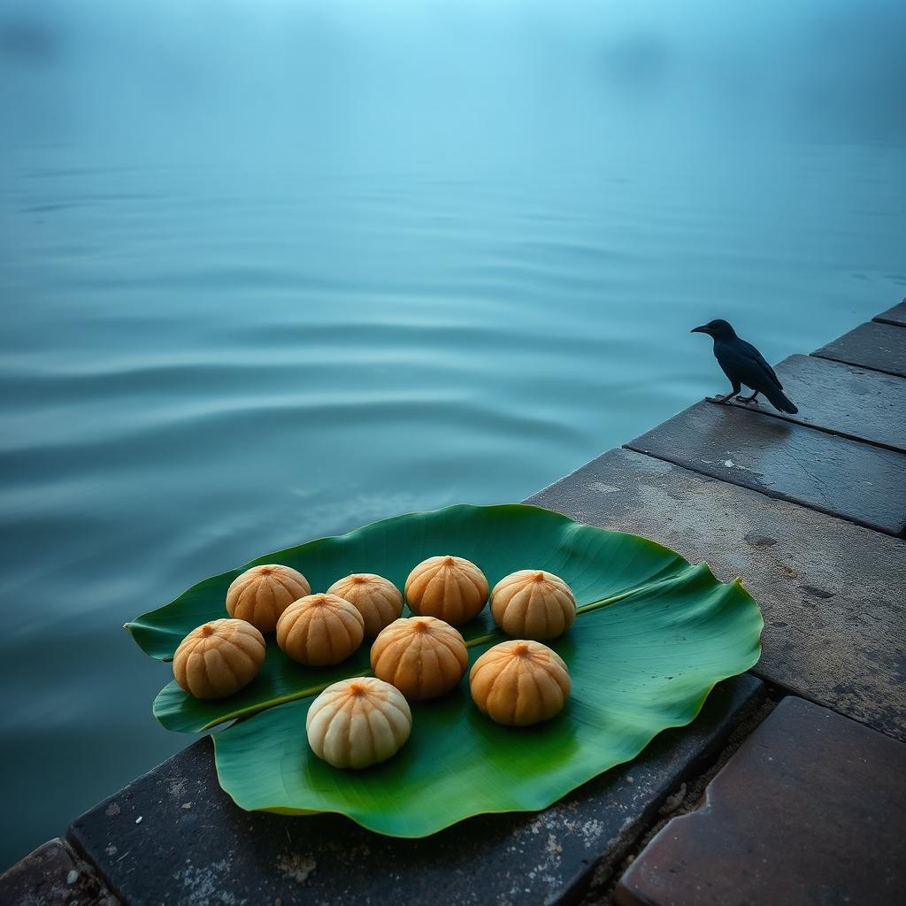 A row of small earthen rice balls (pindas) on a banana leaf at the edge of a river ghat at dawn, blue-grey mist on the water, a single crow on the stone steps nearby.