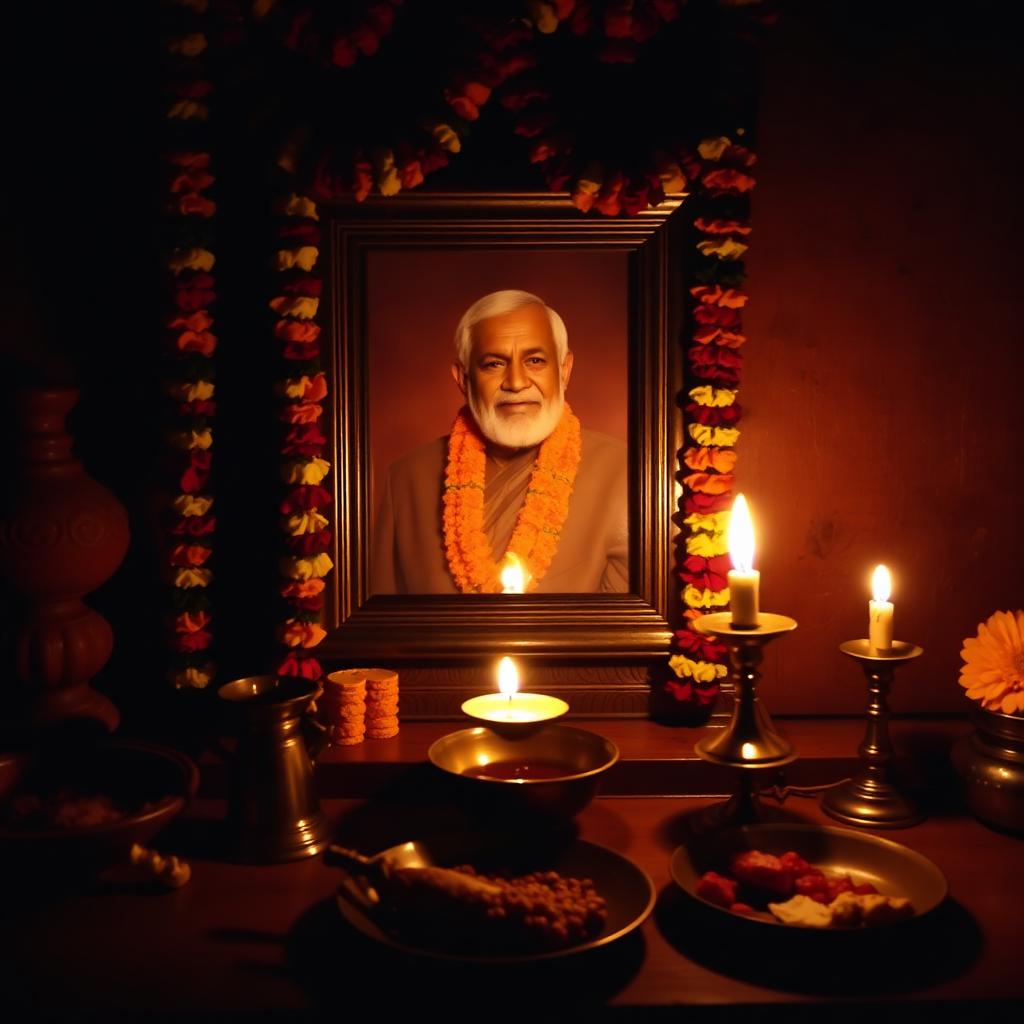 A North Indian household altar at night with a framed photograph of a deceased elder garlanded with marigolds, a brass oil lamp burning before it, a small plate of food set in front.
