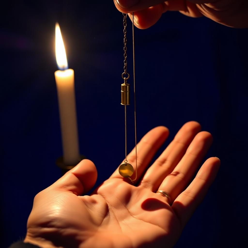 A brass pendulum hanging from a thin chain over an open palm at night, a candle flame to one side casting long shadows, deep blue background.