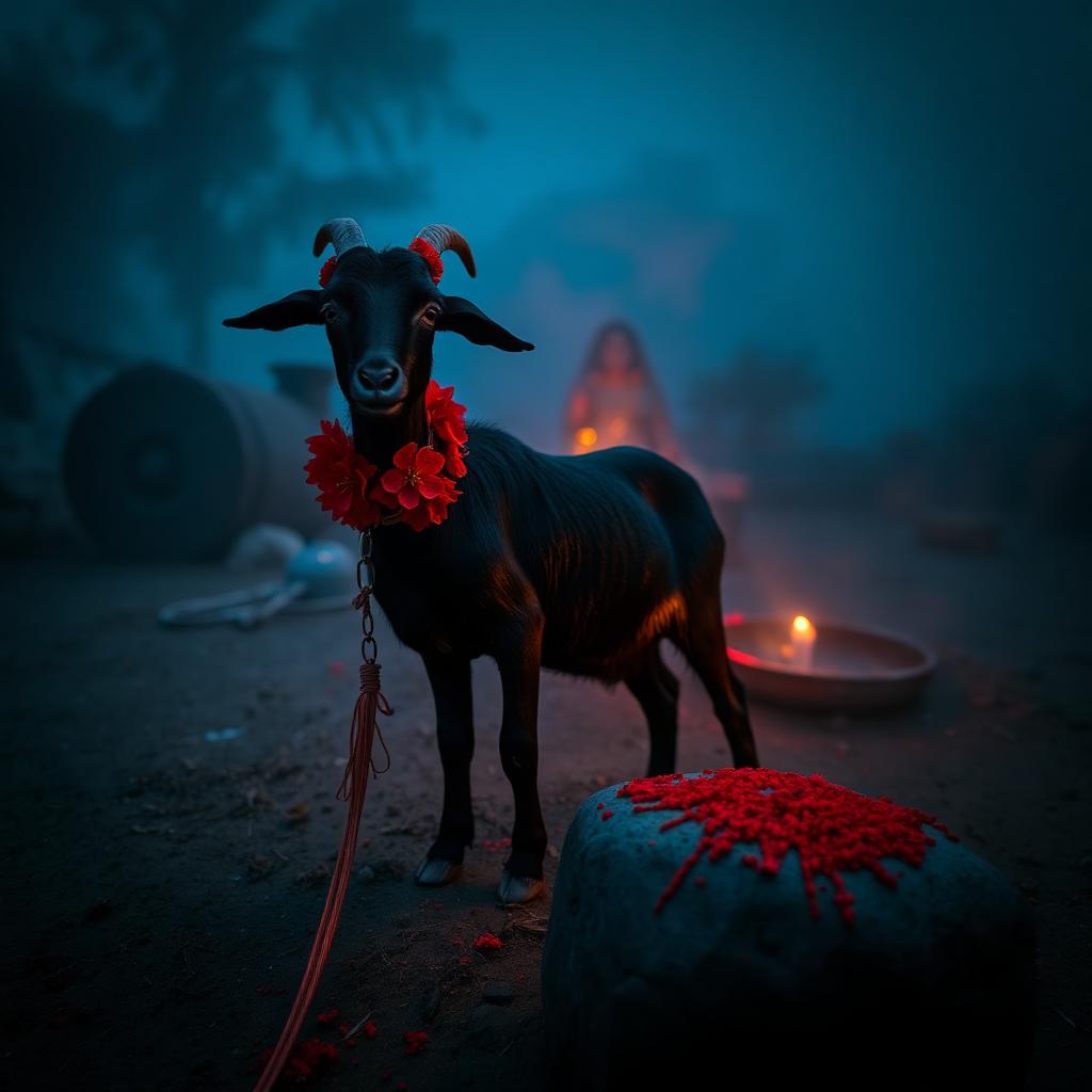 A small black goat tethered beside a village goddess shrine at dawn, red hibiscus garland around its neck, blood-red kumkum smear on a stone, mist.