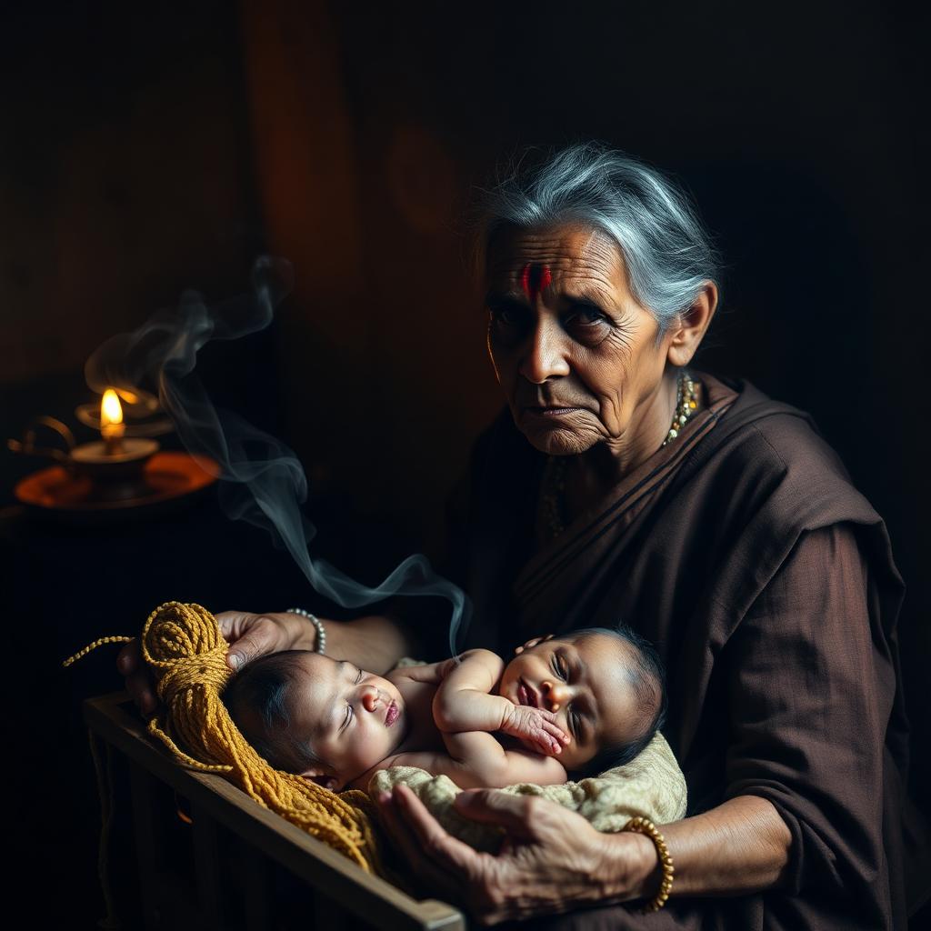 An old Indian woman holding a smoking bundle of dried neem and mustard seeds, smoke curling around a sleeping infant in a wooden cradle, oil lamp on the wall, deep moody warm light.