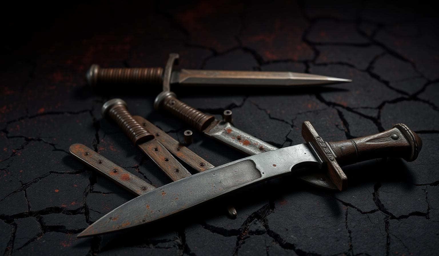 Rusted, broken iron daggers scattered on cracked dark stone.