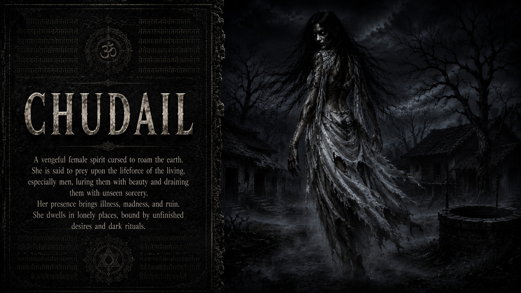 A Churel spirit with long black hair and backward-facing feet on a lonely Indian village path.
