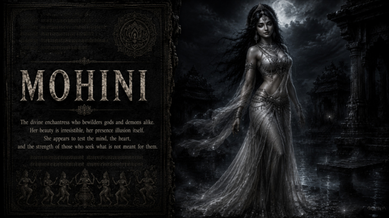 An ethereal Mohini spirit in flowing white surrounded by jasmine blossoms at night near an old shrine.
