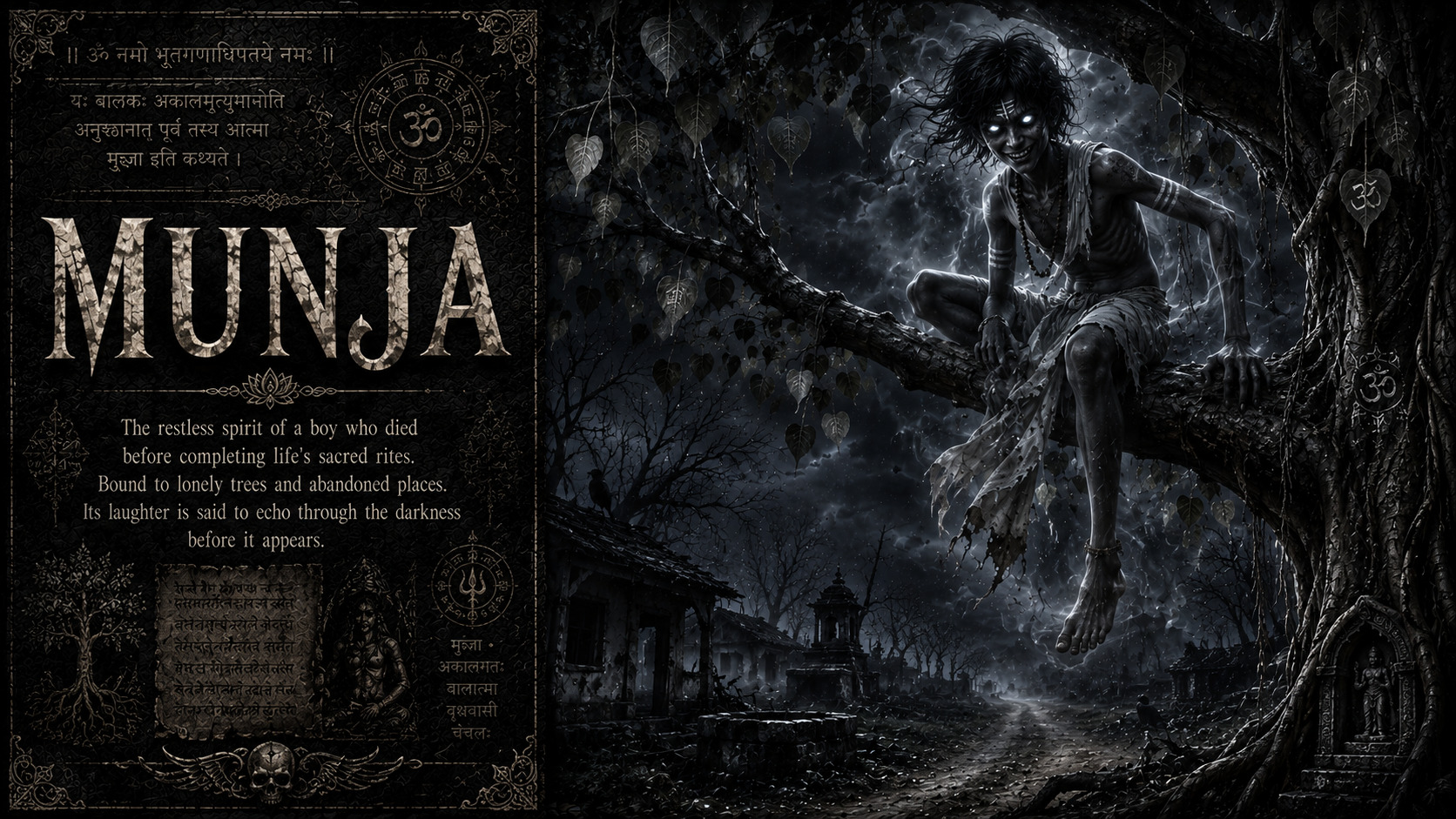 A Munja spirit lurking in a massive ancient Peepal tree at midnight.