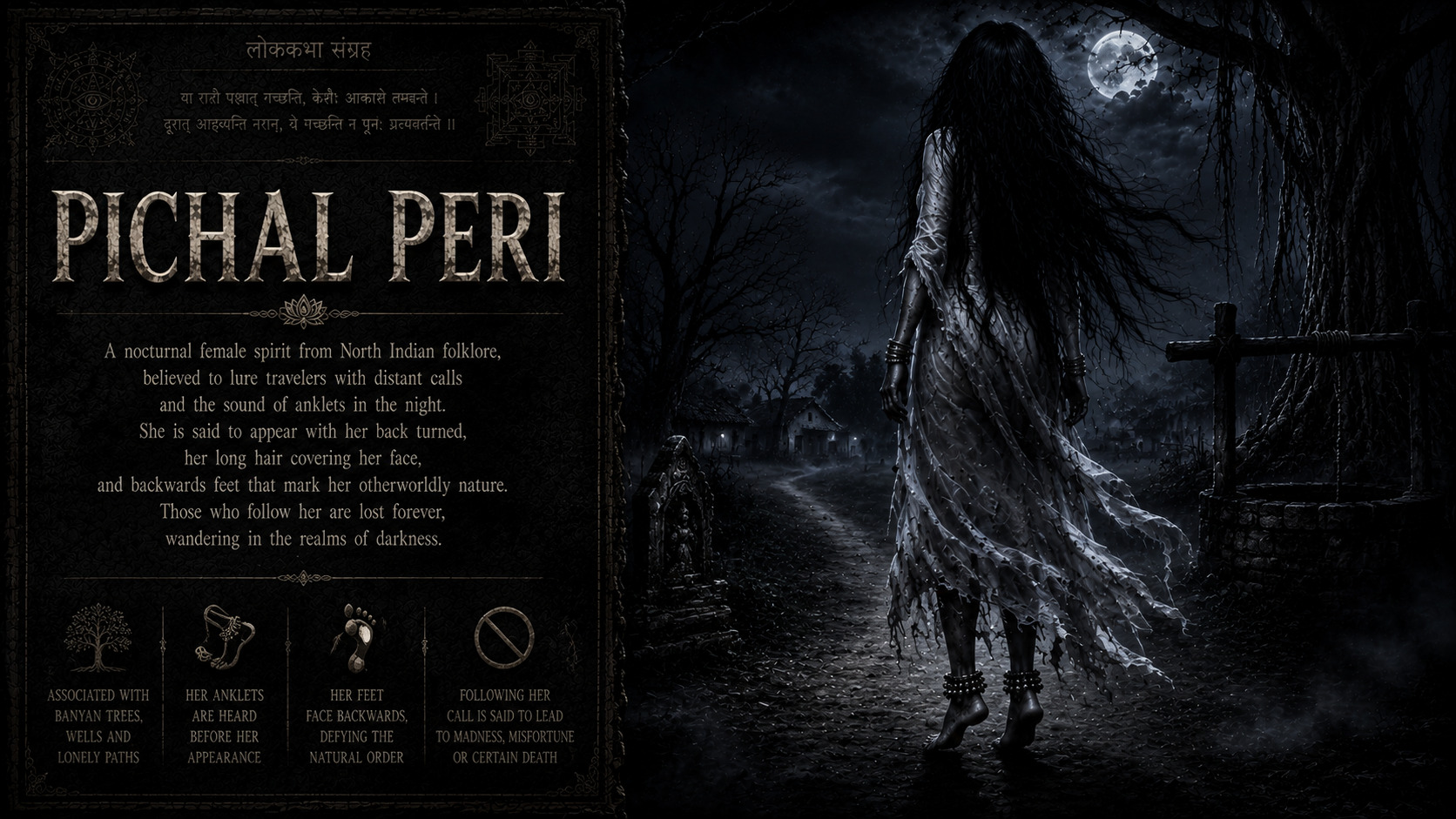 A Pichal Peri seen from behind with long flowing hair on a misty Himalayan mountain pass at dusk.