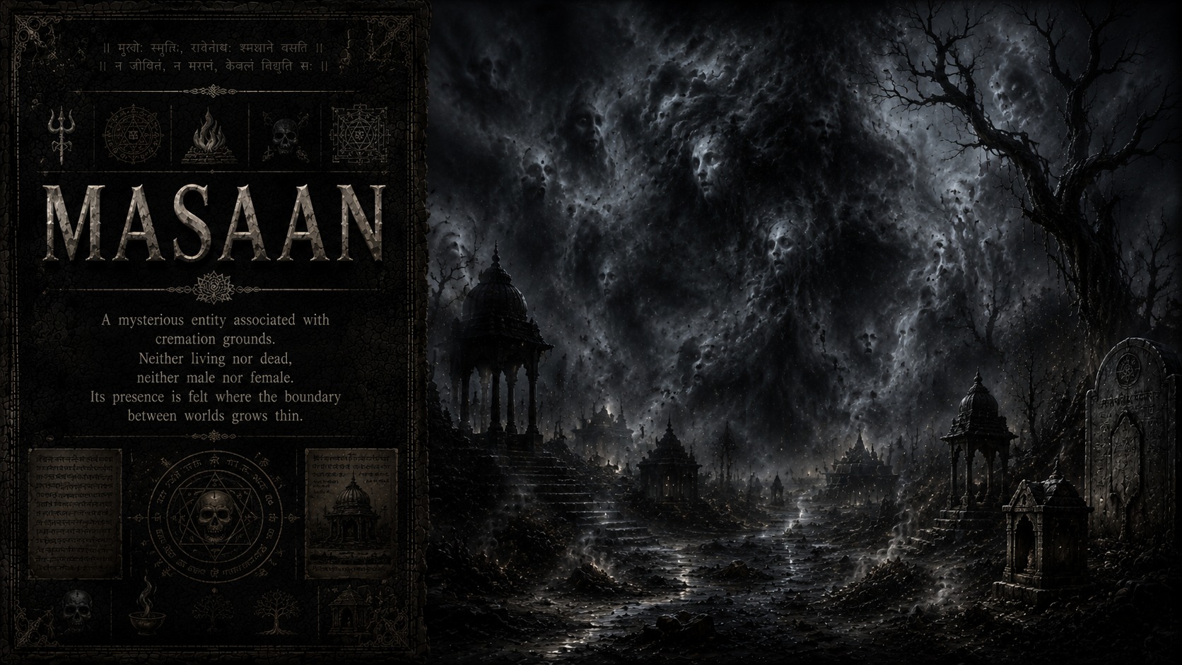 A Masaan spirit manifesting as a soot-like ash cloud with skeletal silhouette in an Indian cremation ground at night.