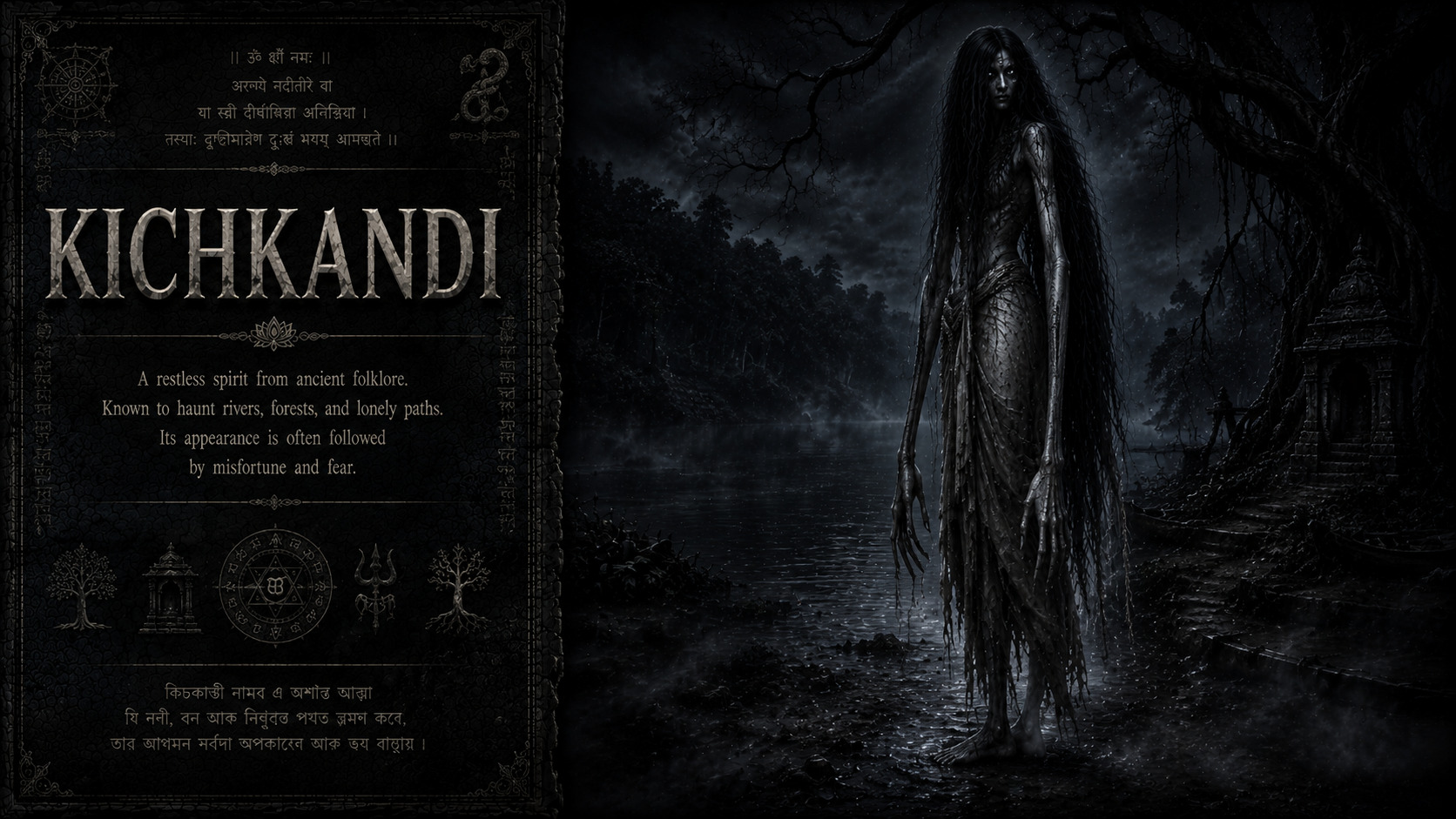 A gaunt skeletal Kichkandi with long black hair in a dense Eastern Indian forest valley at night.
