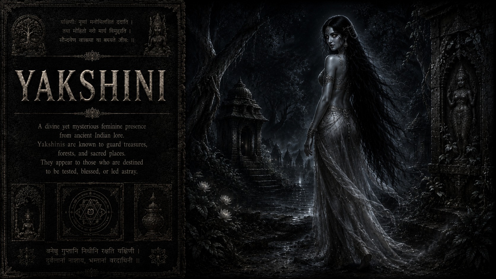 A Yakshini spirit emerging from a glowing tantric yantra in a dark forest grove.