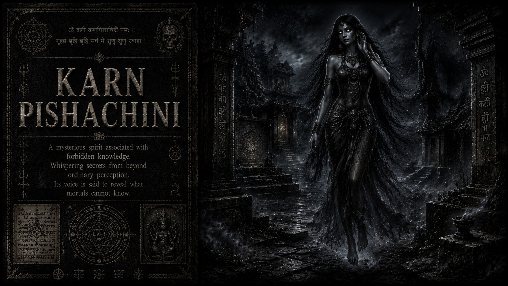 A dark whispering Karn Pishachini entity near a practitioner's left ear in a dim ritual chamber.