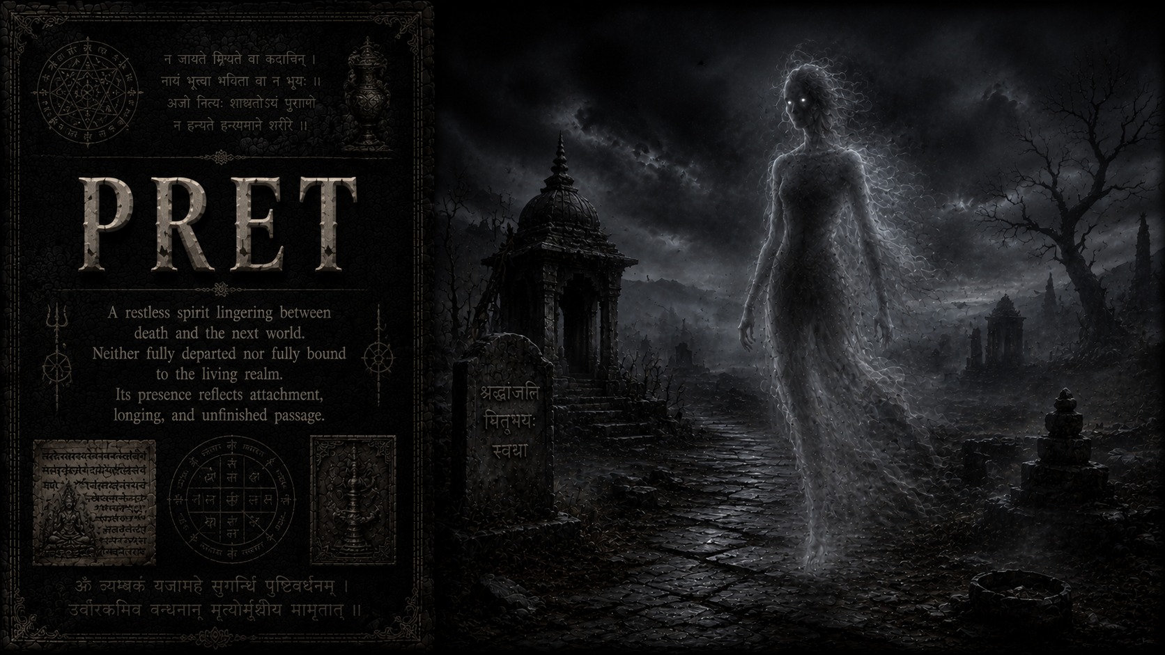 A Preta hungry ghost with bloated stomach and needle-thin throat at a desolate crossroads at dusk.
