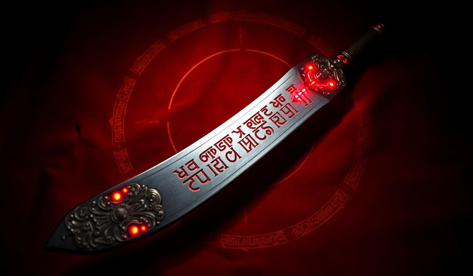 The Sword of Asi engraved with glowing Sanskrit runes on crimson velvet.