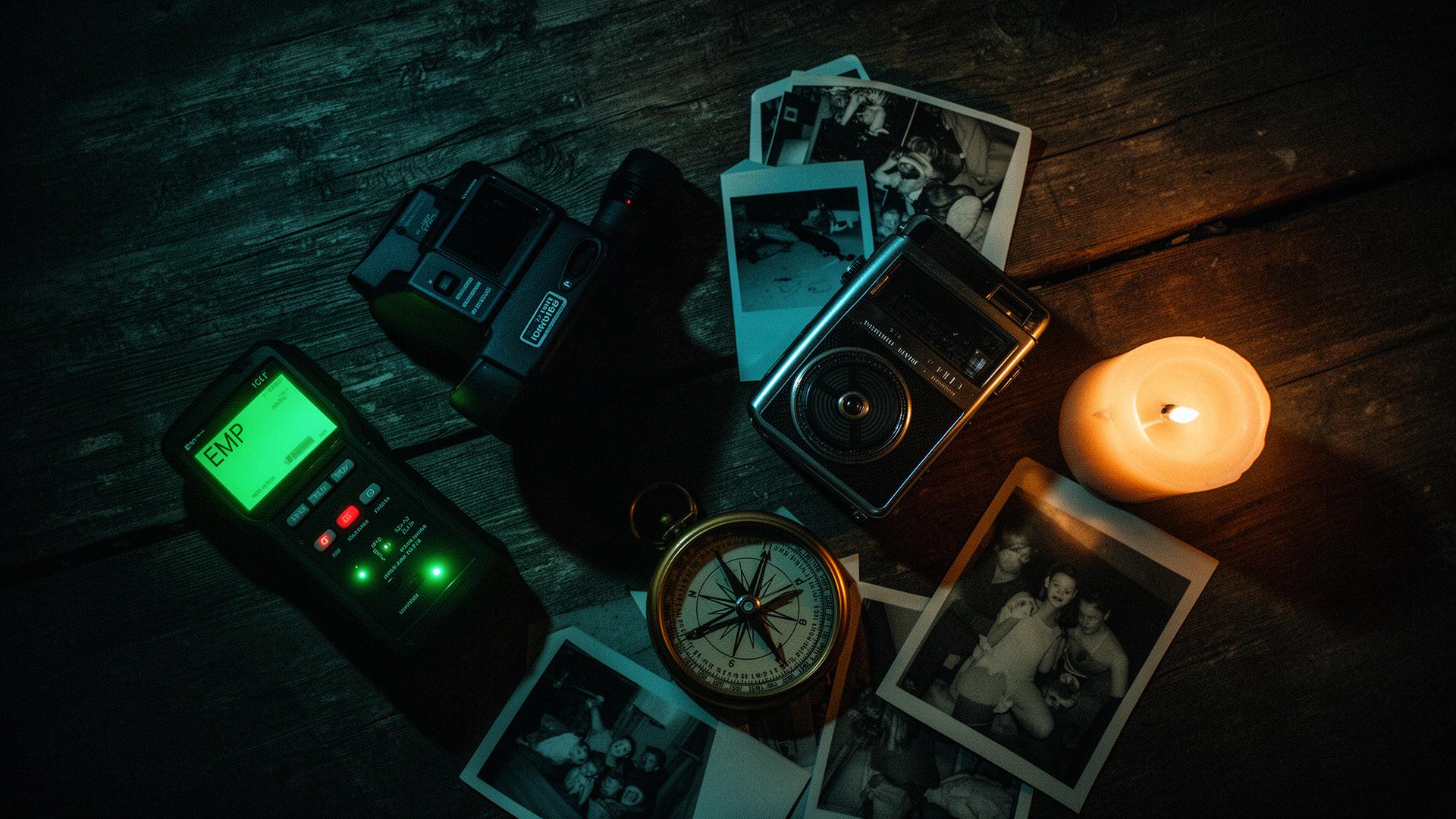 Paranormal investigation equipment laid out on weathered wood