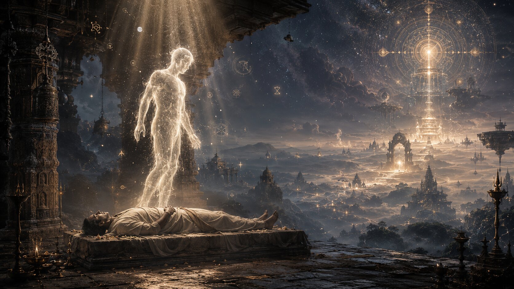 A translucent subtle body separating from a physical corpse, drifting upward across harsh frozen mountains and burning deserts.
