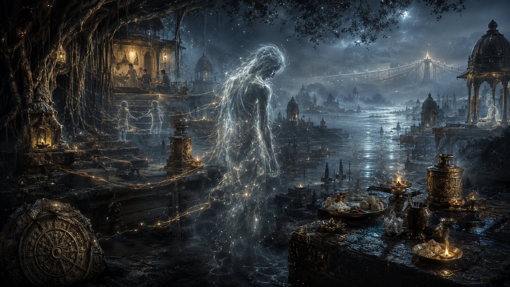 A meditating figure dissolving into brilliant golden white light, karmic chains shattering and falling away.