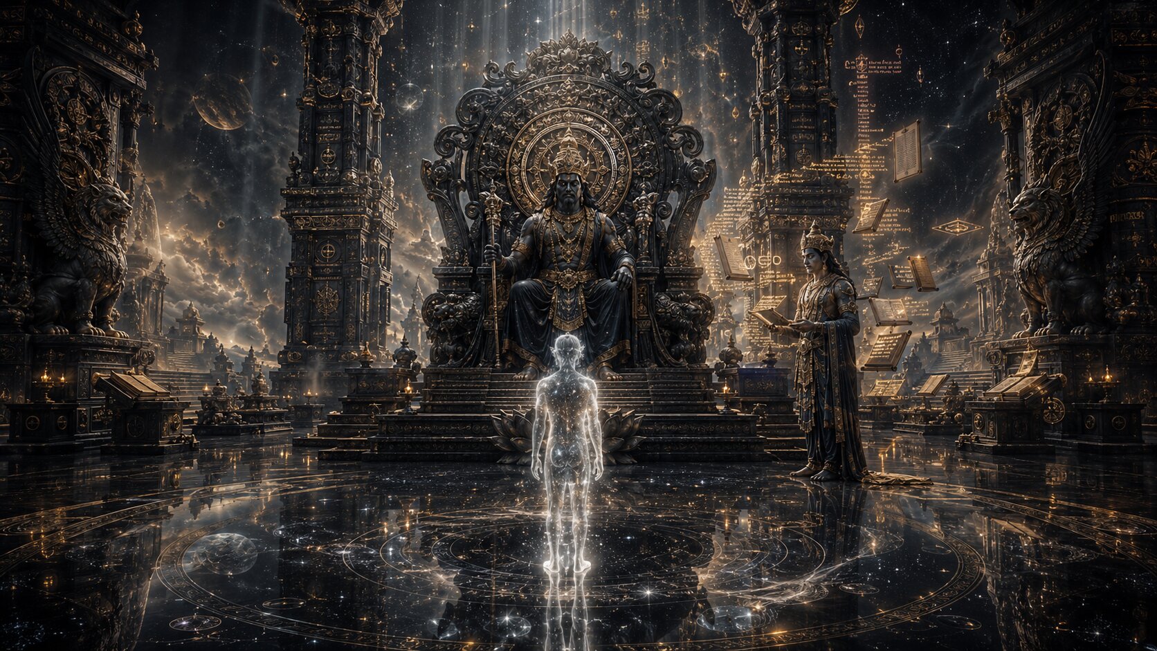 Chitragupta the divine scribe writing in a colossal glowing ledger surrounded by streams of Akashic light.
