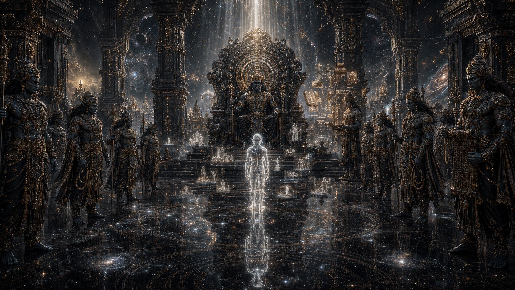 Layered hell realms stacked vertically, each with different punishments — fire pits, dark lakes, blade forests.