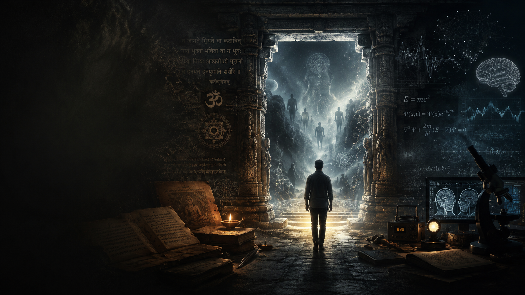 Ancient temple doorway opening onto silhouettes, with spiritual symbols and scientific diagrams around a lone researcher.