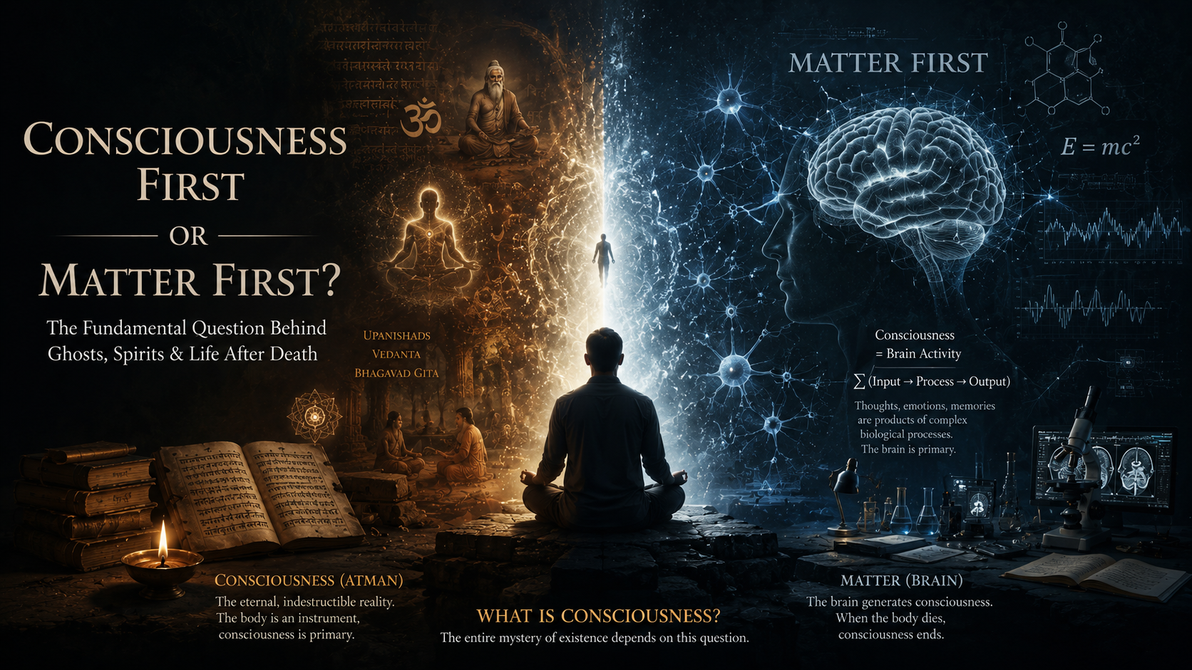 A split composition showing a spiritual consciousness-first worldview on one side and a brain-centered matter-first worldview on the other.