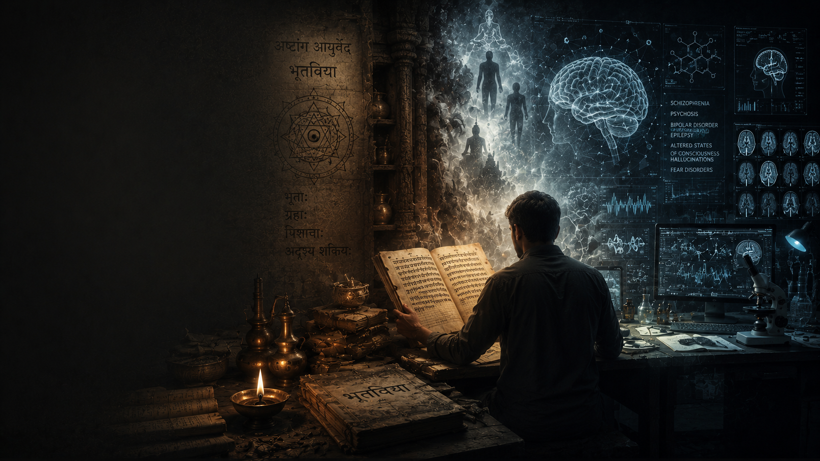 A researcher studying Bhutavidya manuscripts beside modern diagnostic screens and neurological imagery.