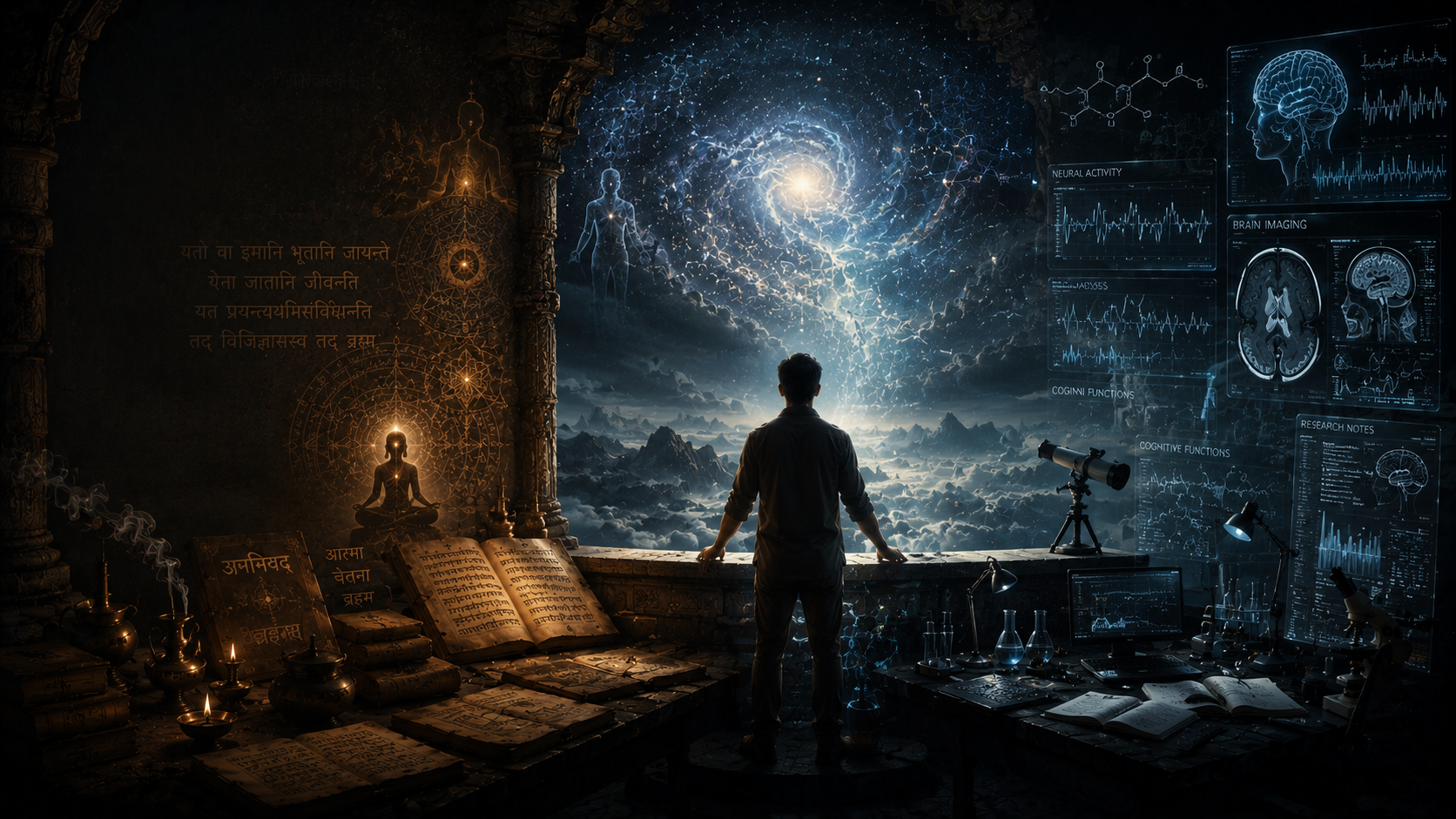 A cosmic landscape framed by ancient texts on one side and brain scans, research screens, and instruments on the other.