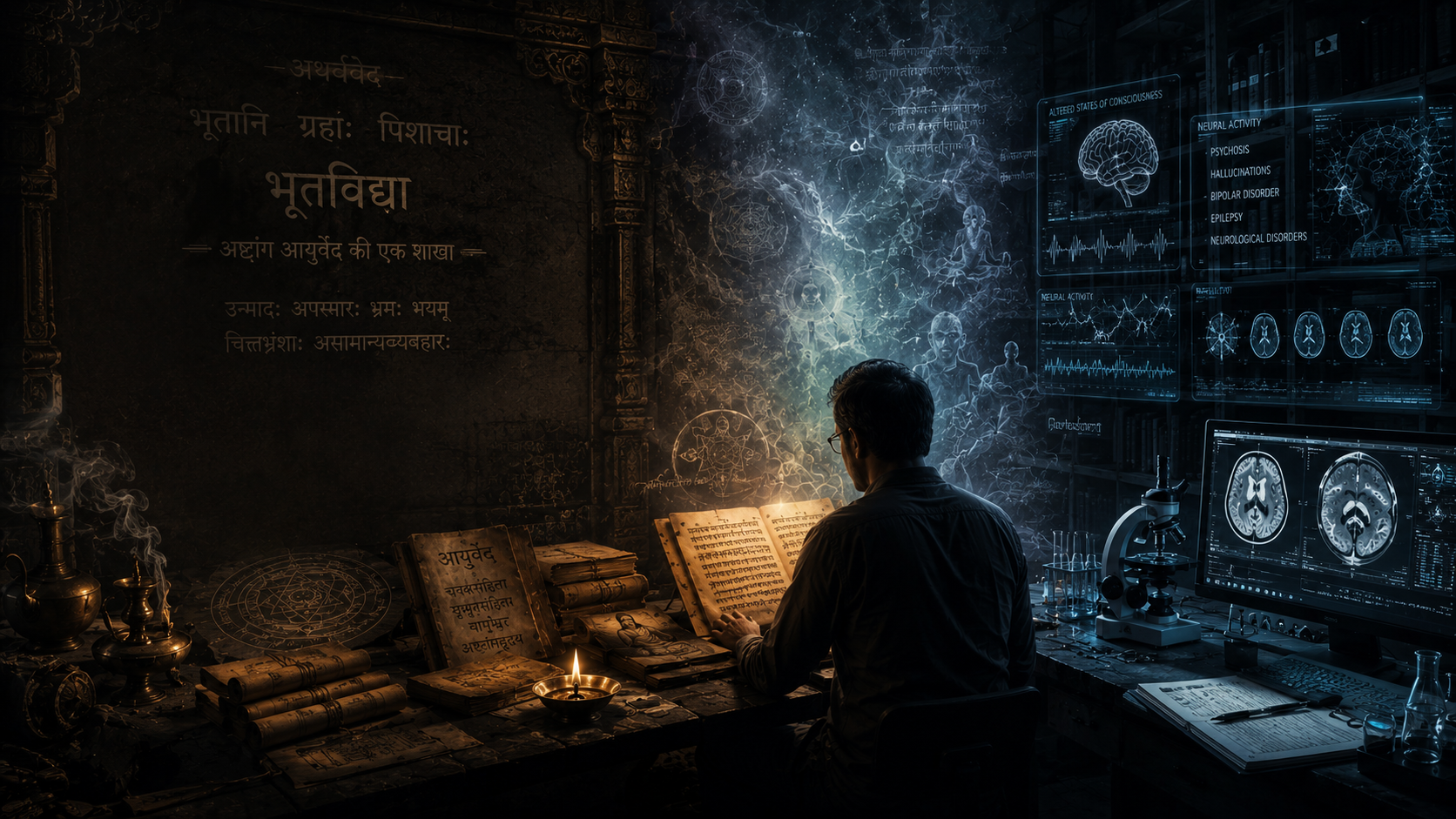 A scholar at a desk comparing Bhutavidya references with modern neurological monitors and clinical imagery.