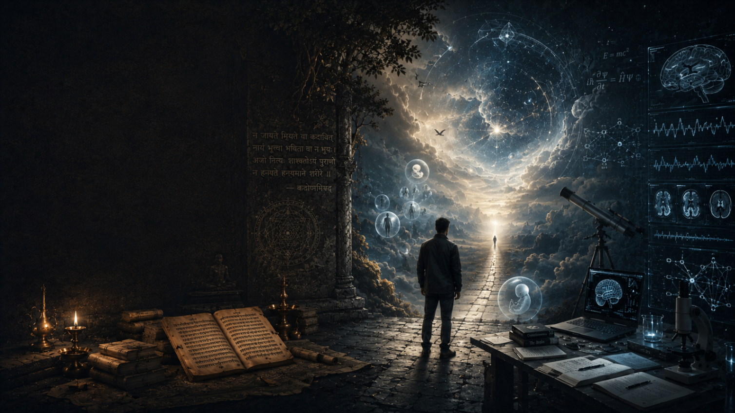 A lone investigator facing a luminous horizon that suggests both afterlife symbolism and scientific observation.
