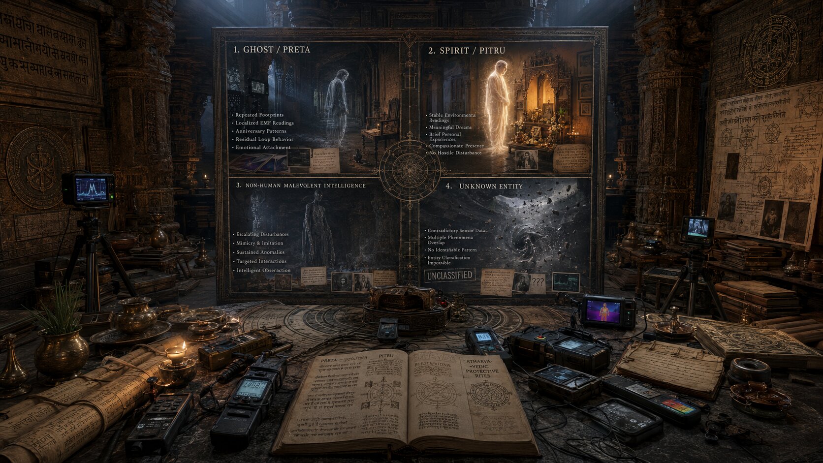 An investigator's wooden desk at night with an open case-file notebook, an EMF reader, a vintage thermometer, a candle, and a folded map.