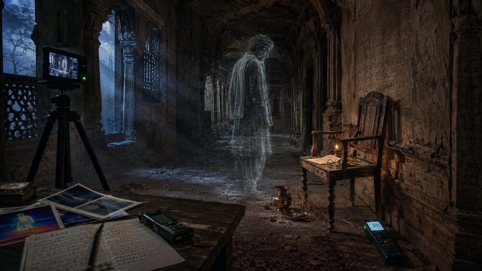 A faint translucent figure standing in the doorway of an old room, a single candle burning to the side, the figure looking back as if not finished leaving.