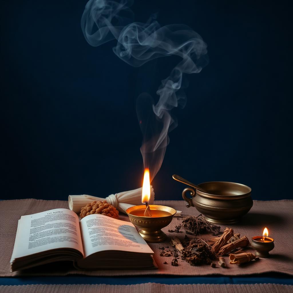 An open Ayurvedic manuscript beside a brass lamp, dried herbs and rising incense smoke against a deep blue background.