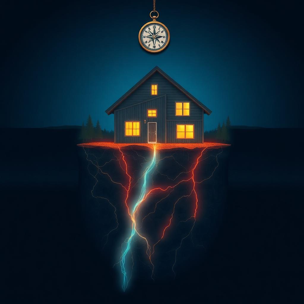 Illustration of a house above ground with glowing underground water veins and magnetic lines running beneath it, and a compass hanging above.