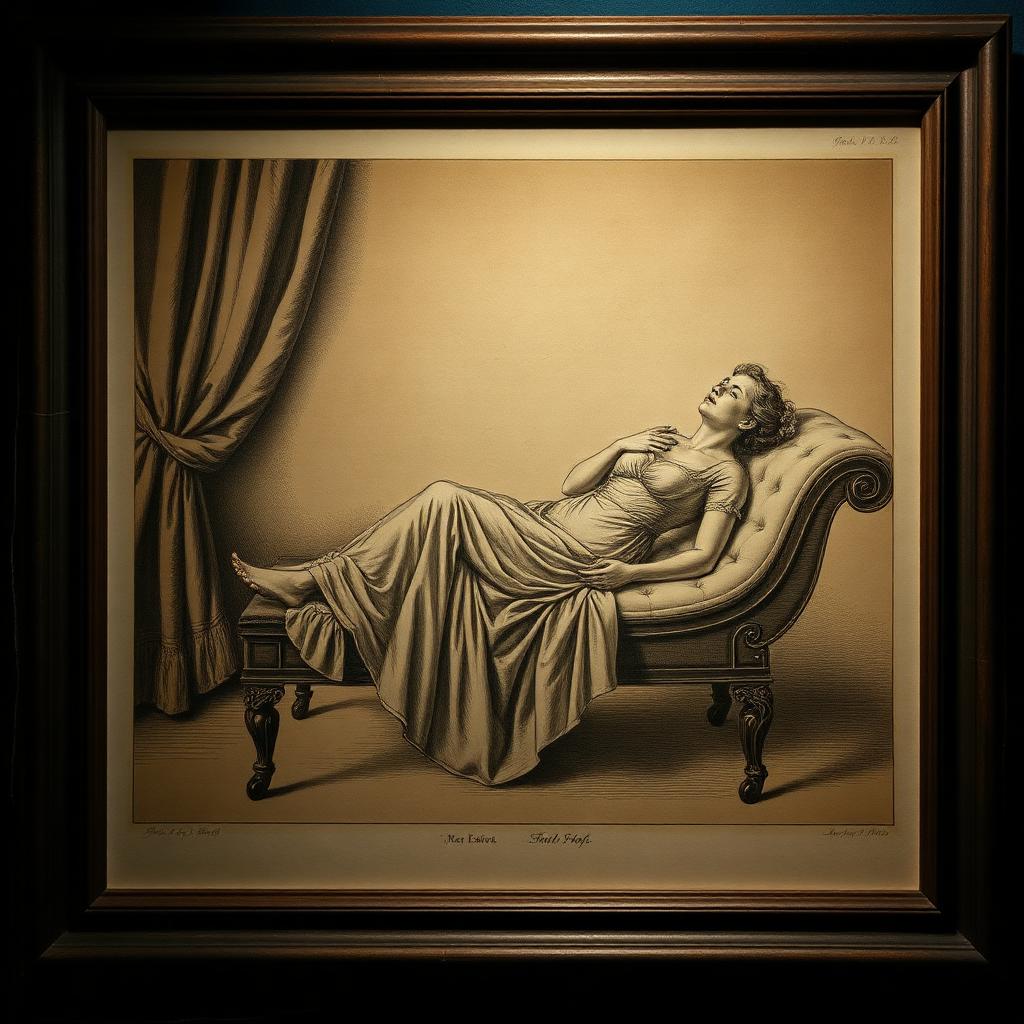 A sepia-tinted 19th-century clinical illustration of a fainting woman on a chaise, framed like an old medical archive photograph.