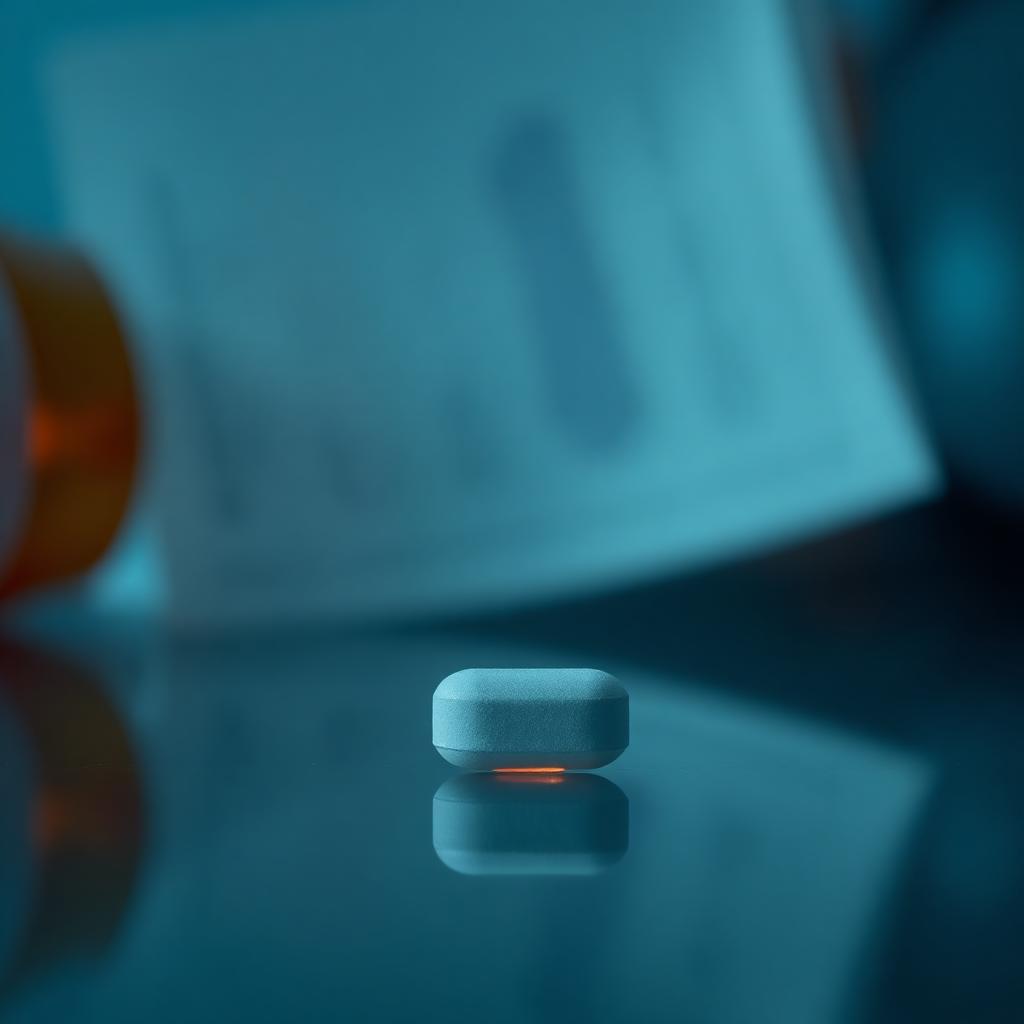 A single white sugar pill on a reflective clinical surface with a blurred prescription pad behind it.