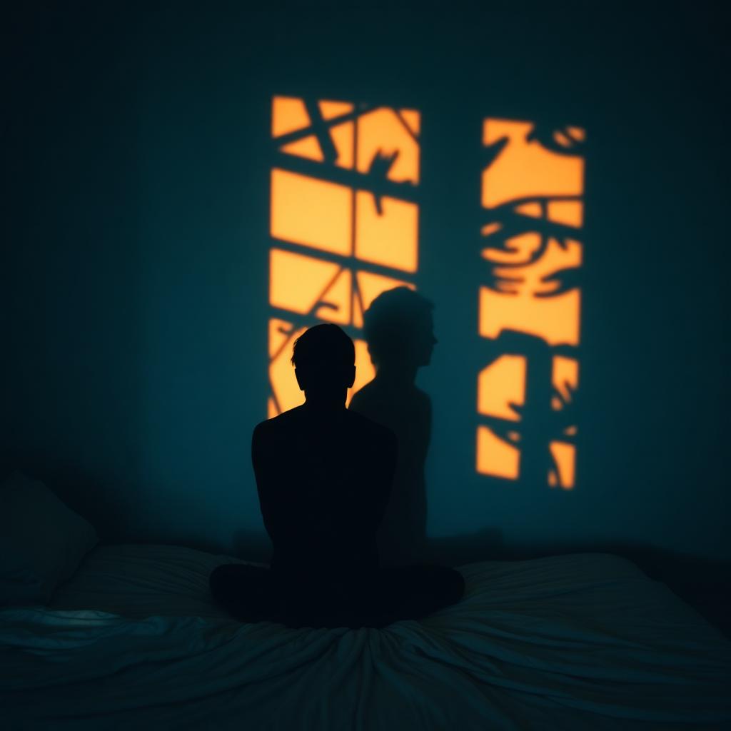 A silhouetted figure on a bed with fragmented doubled shadows on the wall behind them.